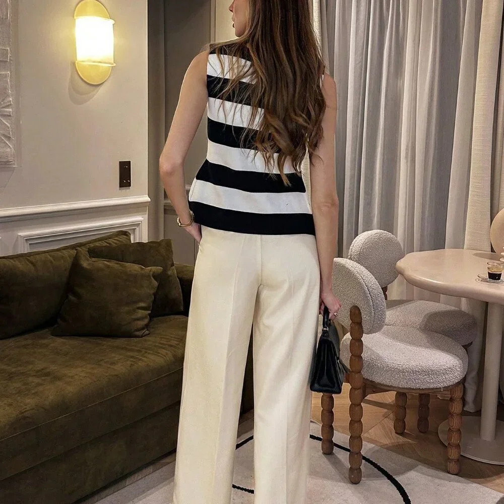Multicolor Casual Women's Wide Stripe Round Neck button down knit vest top
